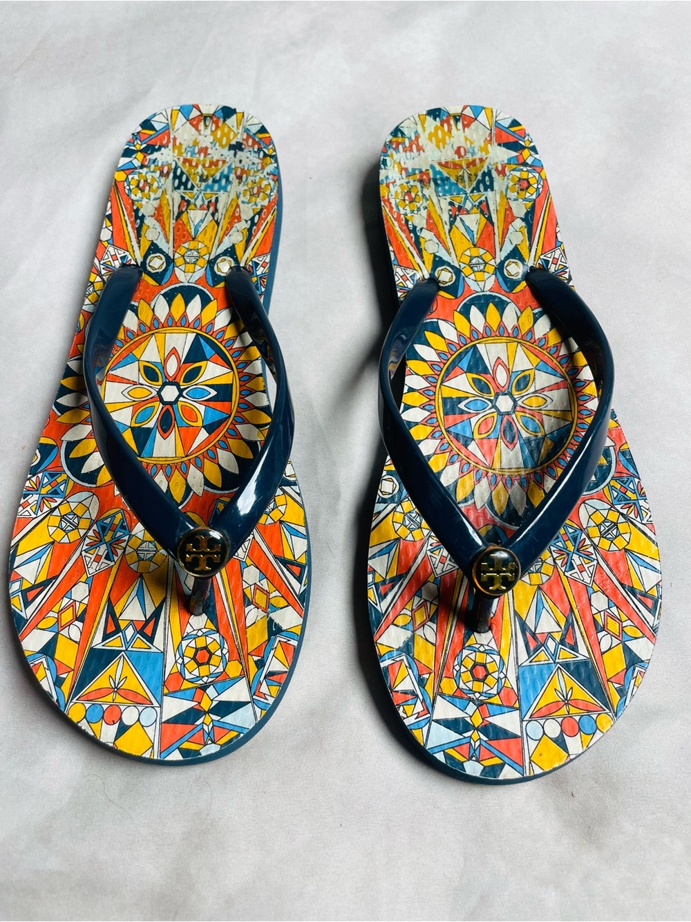 Tory Burch Multicolor Mosaic Flip Sandals with Navy Straps